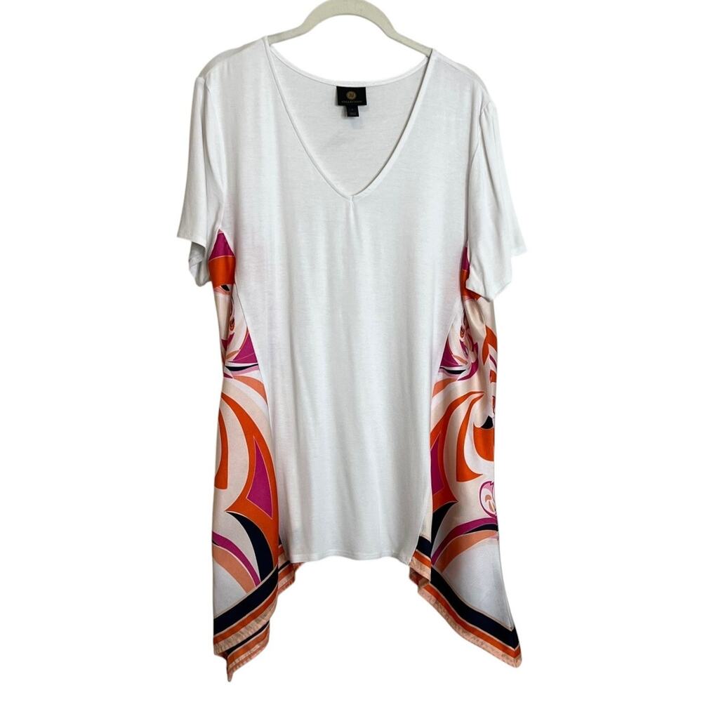 JM Collection Womens Tunic Top L White Multicolor Satin Twill Side Insets